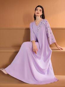 Women's V-Neck Solid Color Handmade Beaded Elegant Long Arabic Style Dress,Modest - Light Purple - View 9
