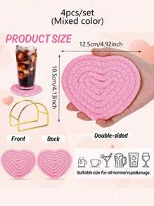 4pcs Valentine's Day Heart Coasters Handmade Braided Heart Coasters Pink Red Cup Mat, Anti Slip Absorbent Drinks Mat For Home Restaurant Tea Coffee Bar Decoration