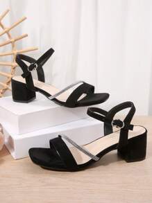 Plus Size Women's New Fashion Mid-Heel Square Toe Silver Rhinestone Decor Sandals, Chunky Heel Stylish Open Toe Soft Bottom Non-Slip Summer Casual Everyday Wear Black Suede High Heels - Black - View 6