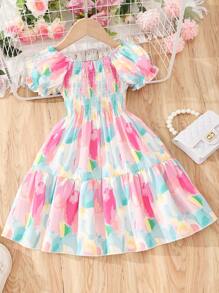 Young Girls Summer Short Sleeve Printed Strap Dress
