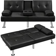 Convertible Sofa Bed Adjustable Couch Sleeper Modern Faux Leather Recliner Reversible Loveseat Folding Daybed Guest Bed, Removable Armrests, Cup Holders, 3 Angles, 772lb Capacity, Black - 黑色 - 查看 8