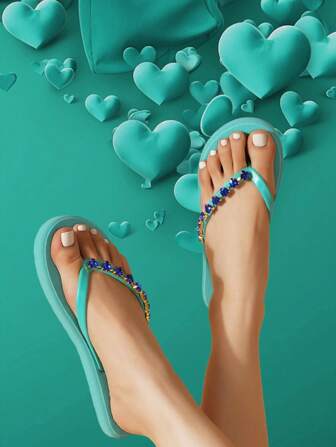 2025 Heart Shape Rhinestone Decorated Bohemian Style Blue Women Shoes, Slip-On Slipper For Spring And Summer Vacation Fashionable Beach/Casual/ Outdoor/Travel, Etc. With Anti-Slip Design And Toe Loop Flip-Flops For Woman