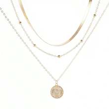 Flat Snake Chain Round Disc 3-Layer Necklace For Women (Random Bead Quantity, Standard Fixed Length) - Silver - View 12