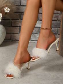 Women's Classic Casual Solid Color Feather Decor High Heel Sandals - Beige - View 3