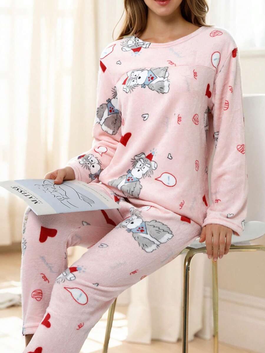 2Pzs Pijamas de Algodón Suaves y Cálidos - Conjunto Térmico de Manga Larga para Dormir, Estampados Divertidos Blusa y Pantalones - PERRO ROSA - Ver 1