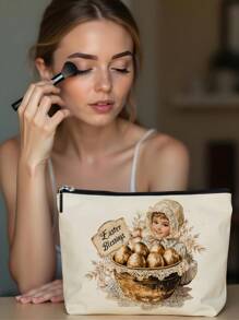 1pc Easter Bunny, Egg & Bow Letter Linen Print Cosmetic Bag, Adorable Travel Makeup Pouch & Multipurpose Coin Purse, Lightweight Gift Essential For Women