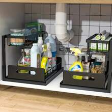 1pc 2-Tier Pull-Out Under Sink Organizer - Metal Storage Rack For Kitchen & Bathroom Cabinets Under Sink Organizers And Storage Bathroom Storage Cabinet