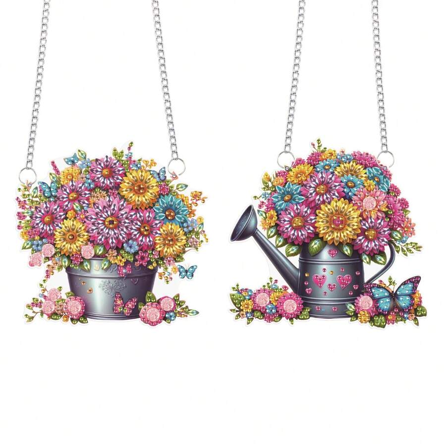 2 Pcs DIY 5D Diamond Art Painting Kits Hanging Sign Floral Garden Themed Diamond Art Window Hanging Ornament Kits Window Pendants Home Garden Wall Door Hanging Diamond Art Kits