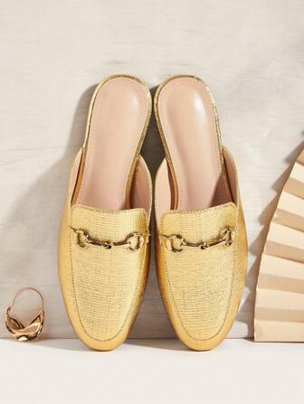 女式露背一脚蹬穆勒乐福鞋，带金属扣，平底凉鞋，时尚休闲装，2025 年春季