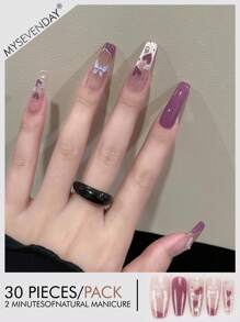30 Pieces Of Chinese Style Coffin Shaped Pressed Fake Nail Patches, Gradient Butterfly Sweet French Style Women's Nail Patches, Fingertips, Matched With 1 Piece Of Jelly Glue And 1 Piece Of Rubbing Strip, Suitable For Women's Parties, Dances, Daily Casual Wear, Detachable And Reusable Wear Press On Nails