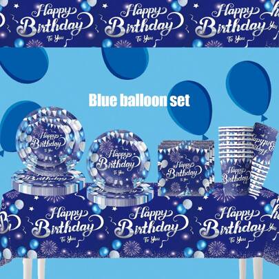 Set di accessori per feste con motivo a palloncini blu - piatti, bicchieri e tovaglioli di carta monouso, adatto per vari eventi come feste di compleanno, matrimoni, battesimi, pranzi all'aperto e altro ancora
