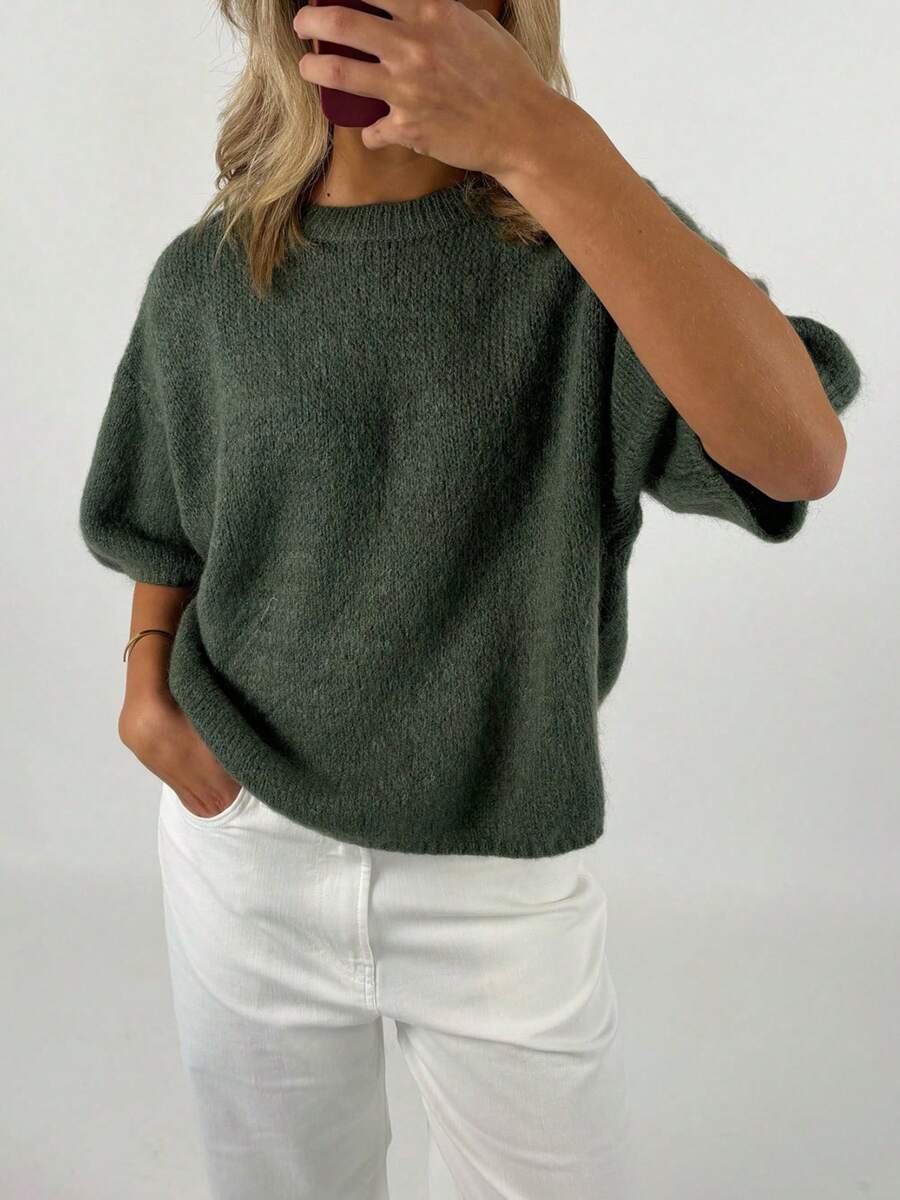 Women's Spring Autumn Knit Sweaters Half Sleeve O Neck Solid Color Casual Knitwear - Army Green - View 1