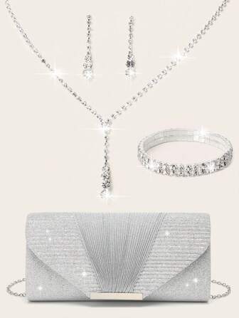 Women's Rhinestone Jewelry Rhinestone Jewelry Set Sparkling Necklace Earrings Bracelet Set Sparkling Wallet Handbag Silver Sparkling Glitter Folded Metal Hardware Flip Cover Envelope Bag Handheld Banquet Bag Handbag Women's Ball Handbag Metal Chain Handbag Wedding Party Handbag Cocktail Party Wedding New Wallet Banquet Bag Evening Dress Women's Bridal Evening Dress Ball