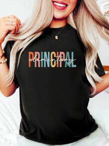 Boho Retro Vintage Elementary Principal Back To School T-Shirt Cotton Graphic Tee For Women, Round Neck Short Sleeve Casual Tops