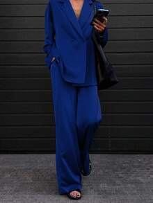 女士休闲缎面垂坠“Old Money”宽腿裤和夹克两件套服装，适合办公室的商务休闲装 - 寶藍色 - 查看 5