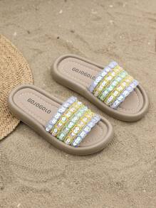 2025 New Outdoor Wear Hong Kong Style Casual Slippers Thick Soled Sequin Sandals Girls Fashion Sponge Beach Elevating Slippers