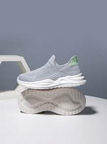 1 Pair Kids' Knitted Sneakers, Slip-On Breathable Running Shoes, Casual Fashion Mesh Sneakers For Students - Grey - View 5