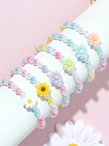 6pcs/Set Floral Beaded Bracelets For Kids, Random Color