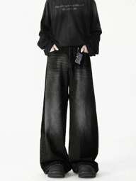 1個 メンズ ファッショナブルなルーズ レトロ ビンテージ ウォッシュ ワイドレッグ カジュアルジーンズ、グランジ