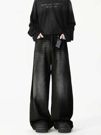 1 件男士时尚宽松复古水洗阔腿休闲牛仔裤，垃圾摇滚