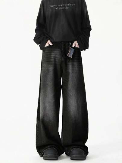 1pc Men's Fashionable Loose Retro Vintage Washed Wide Leg Casual Jeans, Grunge