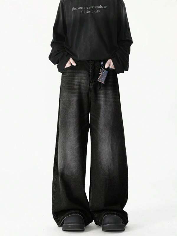 1pc Men's Fashionable Loose Retro Vintage Washed Wide Leg Casual Jeans