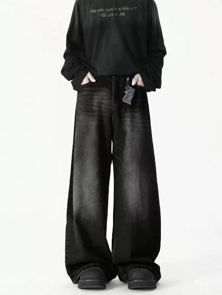 1 件男士时尚宽松复古水洗阔腿休闲牛仔裤，垃圾摇滚