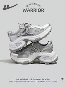 WARRIOR 1 Pair Women's Lace Up Mesh Net Breathable Platform Thick Sole Casual Outdoor Sport Low-Top Chunky Sneakers - Silver - View 2