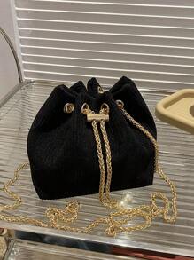 女士休闲单肩抽绳斜挎包，复古风 - 黑色 - 查看 3