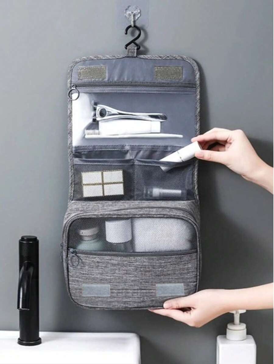 1pc Waterproof & Dry Separate Travel Toiletry Bag, Large Capacity Multi-Functional Portable Hanging Wash Bag For Summer Outdoor Vacation, Polyester Material, Solid Color - Grey - View 1