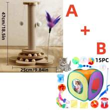 1件套猫抓板和攀爬塔组合，耐用剑麻垂直幼猫玩具，带悬挂羽毛棒和旋转圆盘