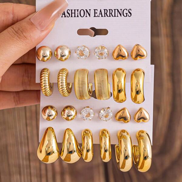 Juego de 6-12 pares de nuevos pendientes de aro de resina acrílica con forma de C exagerada y pendientes de aro con cristal de circonita cúbica brillante