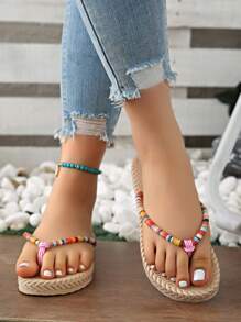 Teens Colorful Rope Woven Round Toe Flat Sandals, Non-Slip Beach Slippers, Fashionable Resort Style