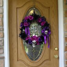 1.83ft Halloween Wreath With Flowers And Skulls, Black/Purple - Purple - View 2