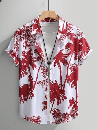 男士夏季度假棕榈树印花短袖休闲衬衫