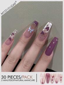 30 Pieces Of Chinese Style Coffin Shaped Pressed Fake Nail Patches, Gradient Butterfly Sweet French Style Women's Nail Patches, Fingertips, Matched With 1 Piece Of Jelly Glue And 1 Piece Of Rubbing Strip, Suitable For Women's Parties, Dances, Daily Casual Wear, Detachable And Reusable Wear Press On Nails