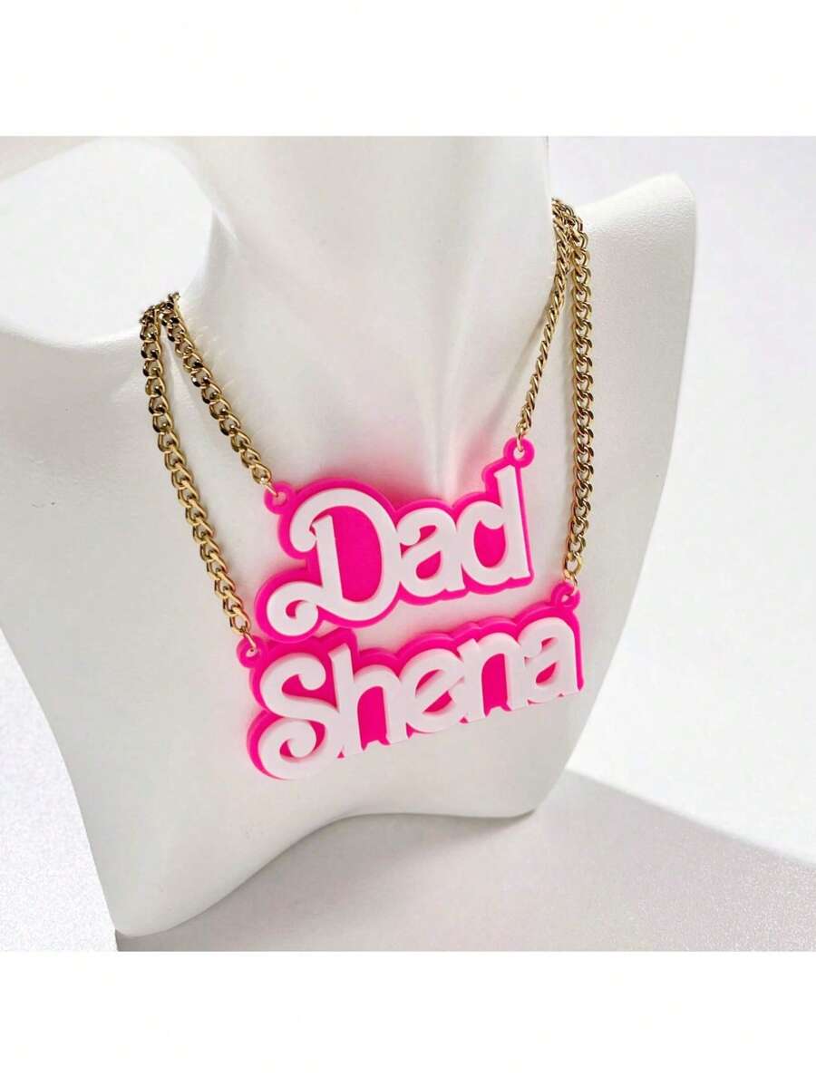 Customized Acrylic Name Pendant Necklace, Pink & White Letter Necklace - Cute Y2K Style Double Layer Design - Non-Plated Fashion Jewelry, Golden Chain, Birthday Gift Christmas Gift - Multicolor - View 1