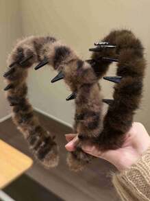 1pc Vintage Plush Leopard Print Wavy Hair Band, Women's Autumn/Winter Headband For Washing Face, High Crown Pressure Headband, Hair Accessory