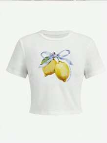 Women's Summer Letter Fruit Printed Cropped Round Neck Short Sleeve Silm Fit Casual T-Shirt,Lemon & Bow Graphic Tees Women Tops,For Summer Women Tee