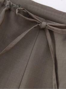 2pcs/Set Women Casual Asymmetric Neck Blouse + Drawstring Waist Pants - Coffee Brown - View 8