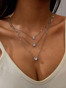 1 件多层项链，带心形、星星、月亮、水滴形吊坠设计，简约锌合金金属金色时尚个性化项链，适合女士日常佩戴