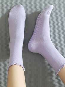 1Pair/6Pairs Solid Color Yoga Socks With Rolled Edges, Non-Slip Mid-Calf Socks For Indoor Fitness And Pilates, Seamless Sports Socks For Women