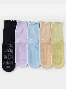 1Pair/6Pairs Solid Color Yoga Socks With Rolled Edges, Non-Slip Mid-Calf Socks For Indoor Fitness And Pilates, Seamless Sports Socks For Women