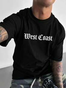 Men's Loose And Stylish Letter Print Black Short-Sleeve T-Shirt For Spring/Summer, Suitable For Running, Fitness, And Casual Wear