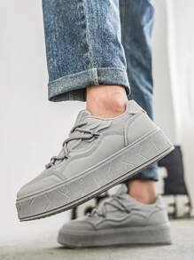 纯色厚底圆头透气学生休闲系带滑板鞋，男士防滑工作鞋 - 灰色 - 查看 9