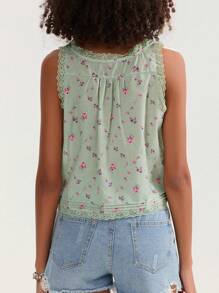 Women Lace Trim Vest Tank Tops Semi Sheer Tie Button Front Crop Y2K Going Out Tops Cute Summer Cami Shirt - 綠色 - 查看 9