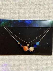 2 Pcs Planet & Star Crystal Copper Necklace Set, Fashionable Jewelry For Men And Women, Party Accessory
