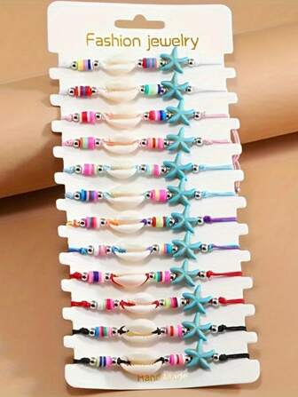 12 件首饰套装 - 手工制作的海星和贝壳饰品编织手链，非电镀，时尚风格聚合物粘土串珠脚链，多功能，适合夏季海滩配饰、度假装饰、日常穿着，是送给伴娘、女性、教师、母亲、毕业生或母亲节的理想礼物