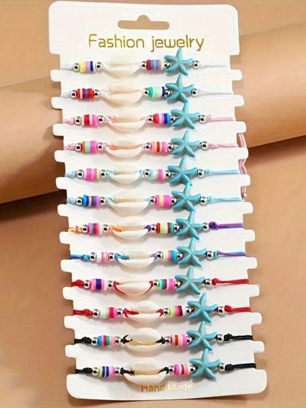 12pcs Jewelry Set - Handmade Starfish & Shell Charm Braided Bracelets, Non-Electroplated, Fashion Style Polymer Clay Beaded Anklets, Multi-Functional For Summer Beach Accessories, Vacation Decor, Daily Wear, Ideal Gift For Bridesmaids, Women, Teachers, Mothers, Graduates Or Mother's Day