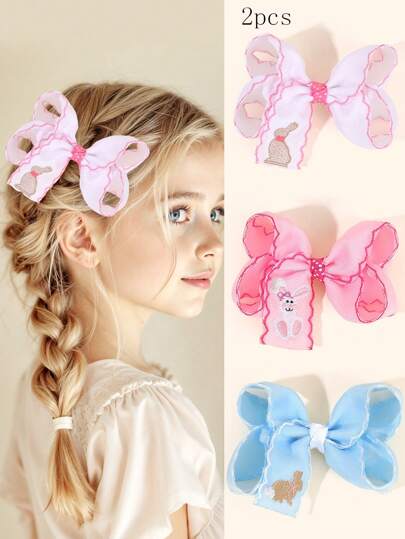 2 件儿童复活节兔子刺绣蝴蝶结发夹日常休闲幼儿女孩发饰